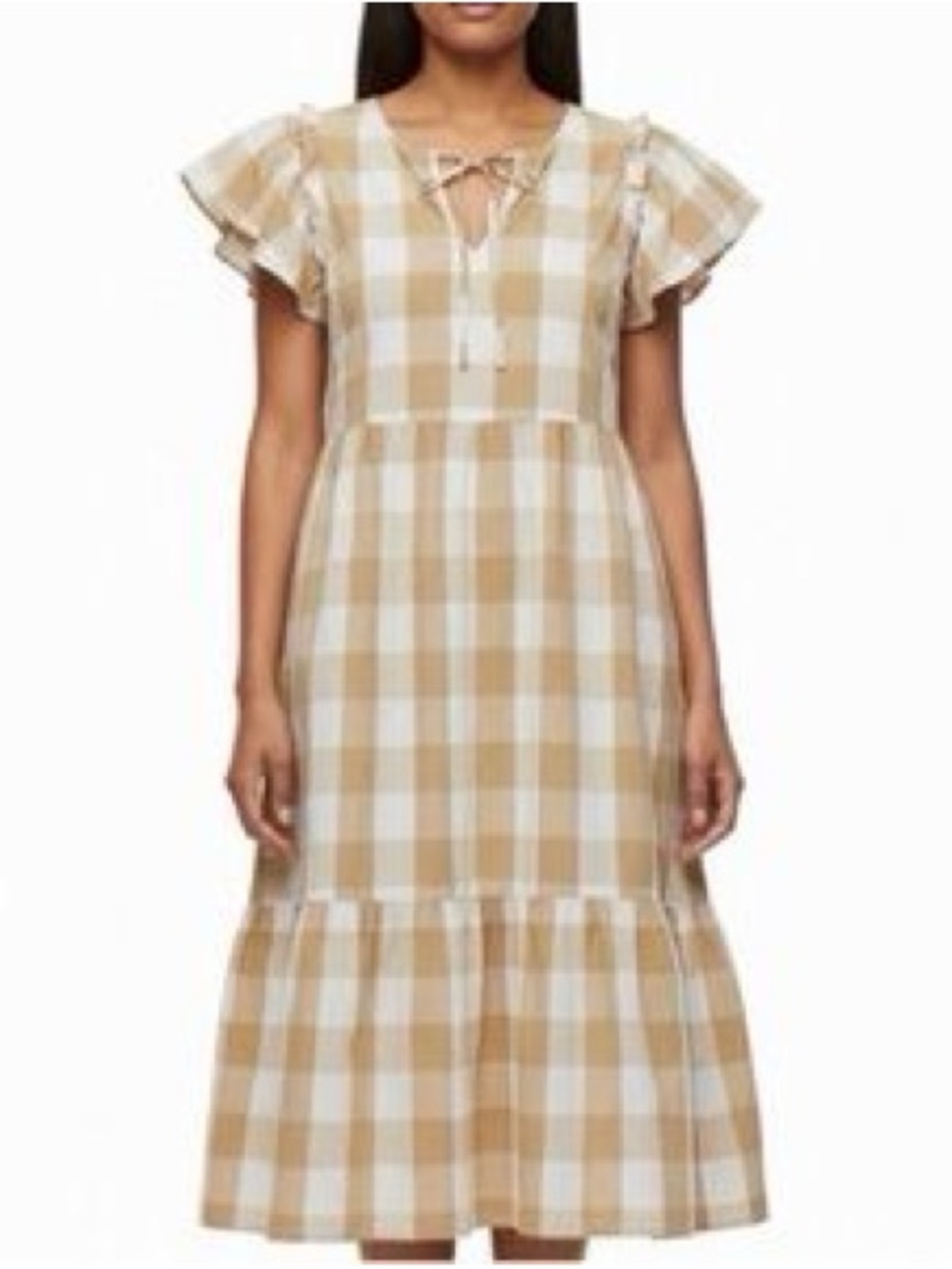Target Beige and White Gingham Tiered Midi Dress